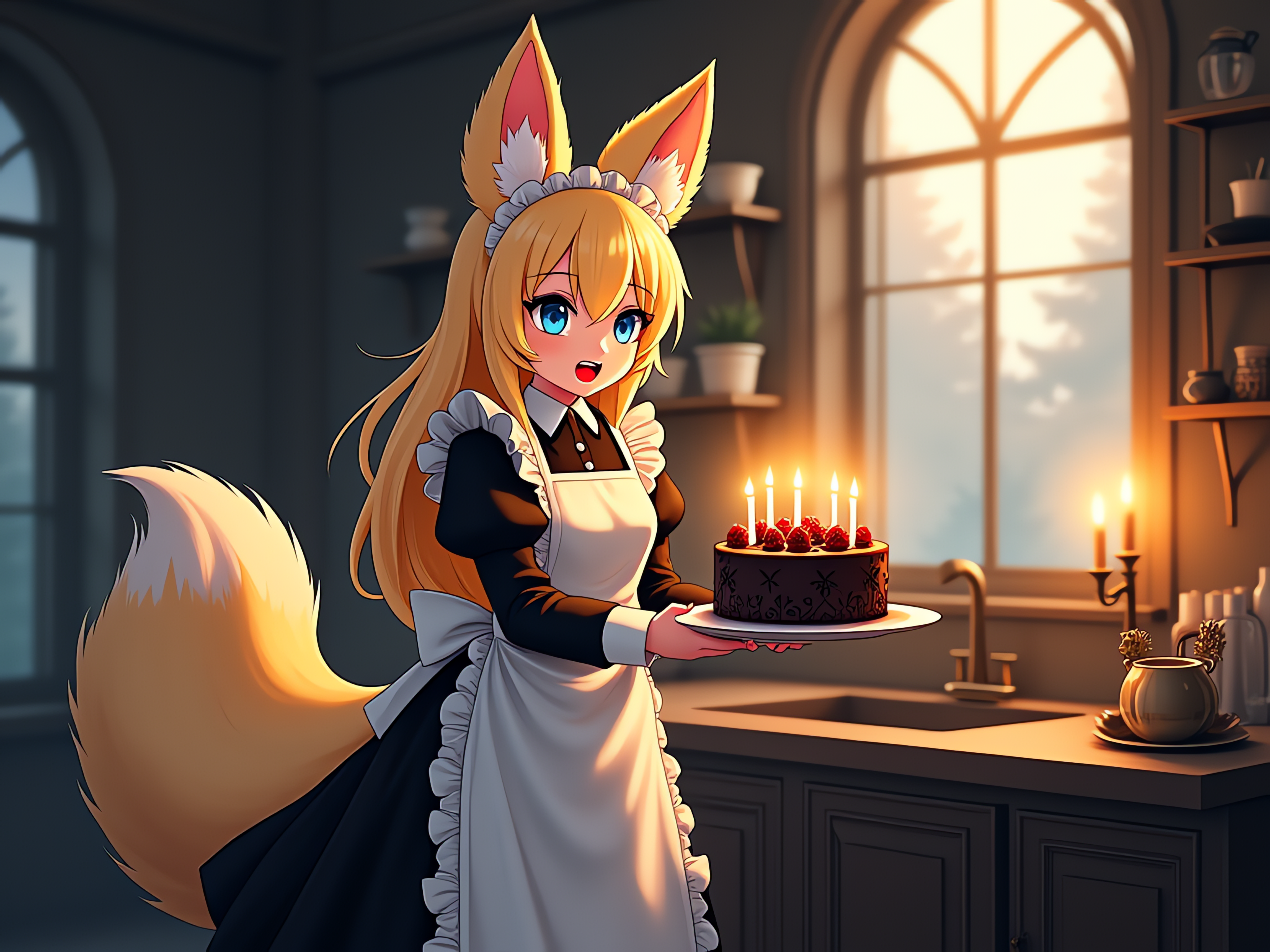 ケーキを持ったきつねメイド